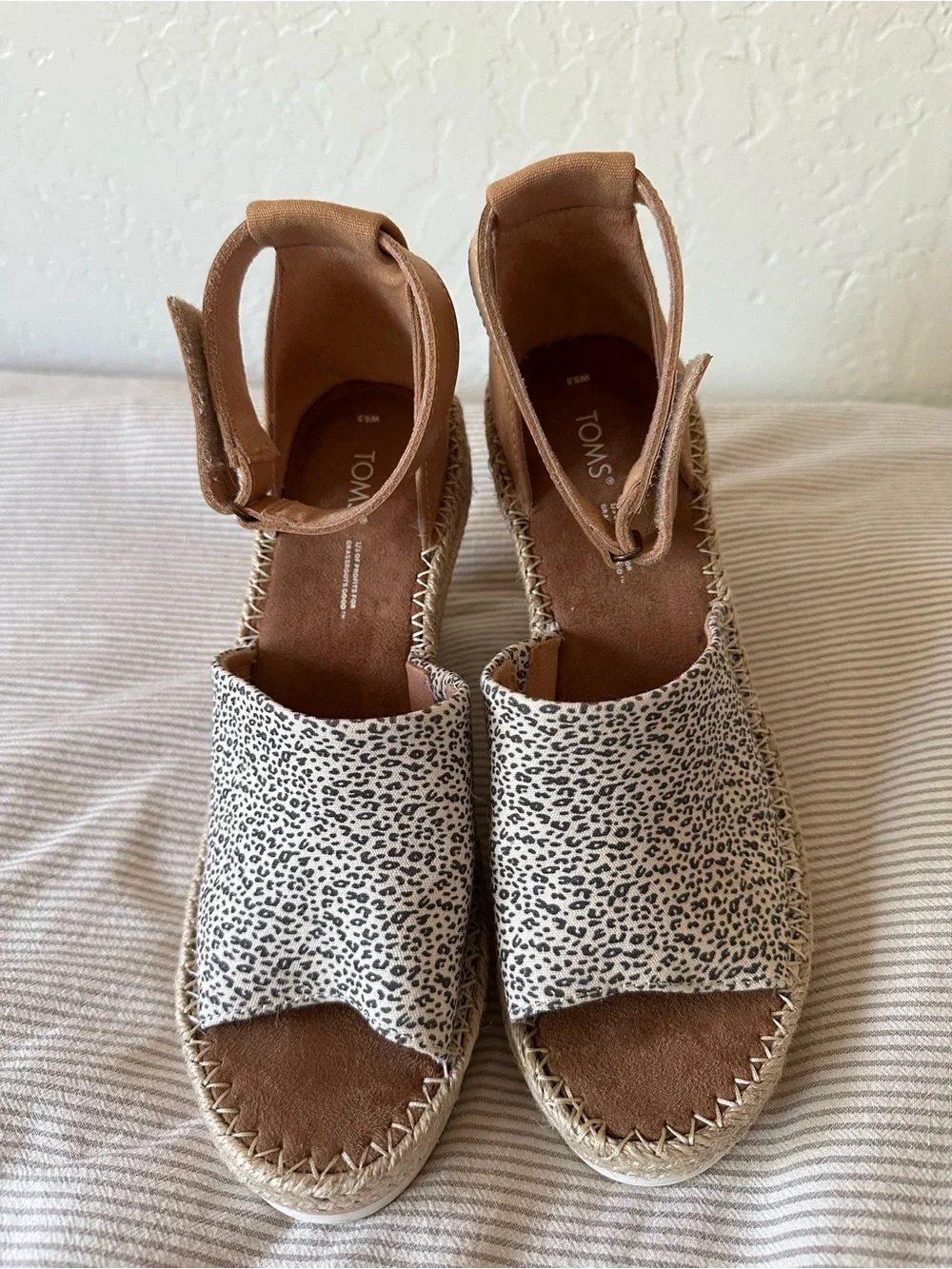 Toms Leopard Print Espadrille Wedges with Tan Ankle Strap